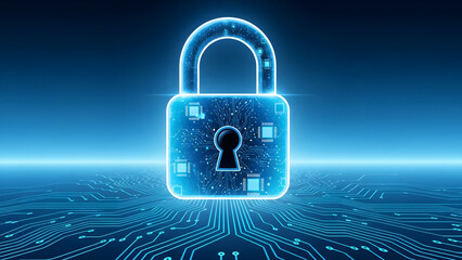 Digital padlock with glowing blue circuits on a futuristic cyberpunk background representing online security and data protection