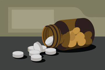 Pills Spilled from a Bottle on a Dark Surface, medical healthcare concept