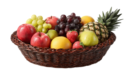  High-angle view of fruits in a basket isolated on a white background