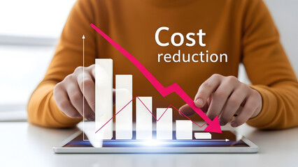 Businessman analyzing cost reduction on a digital tablet with a graph