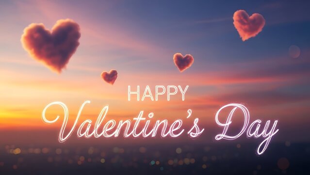 Happy valentine's day with heart shaped clouds at sunset