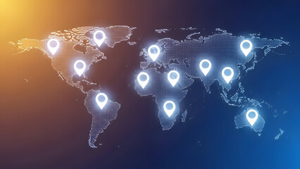 Global map with glowing location pins on a gradient background
