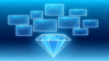Glowing blue diamond surrounded by sparkling rectangles on gradient background