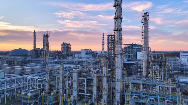 Large Oil Refinery Complex Aerial View at Sunset