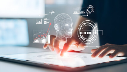 Businessman analyzing data on a digital tablet with infographic elements