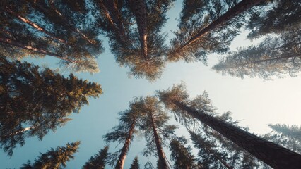 Looking up at forest treetops against blue sky