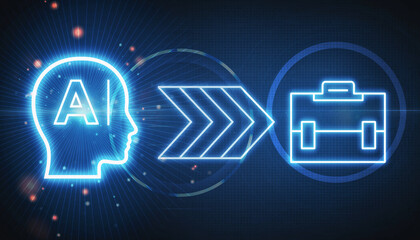 AI and Business Transformation, the power of Artificial intelligence in business world and automation of work tasks. A glowing AI head transitioning into a briefcase icon on blue background