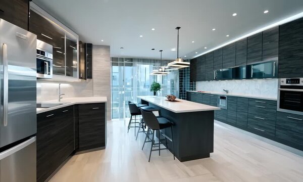 Explore a stunning modern kitchen featuring sleek dark cabinetry and a spacious island. Bright lighting complements the elegant design, creating an inviting atmosphere for culinary creativity.