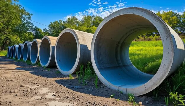 Row of large concrete drainage pipes or culverts arranged in perspective, light blue-gray exterior coating
