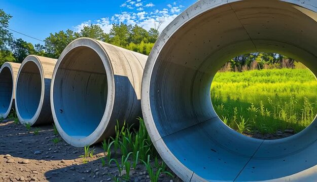 Row of large concrete drainage pipes or culverts arranged in perspective, light blue-gray exterior coating
