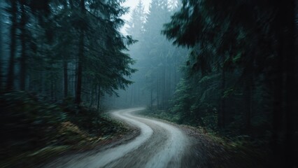 Winding road through a misty forest
