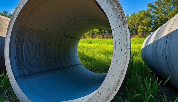 Row of large concrete drainage pipes or culverts arranged in perspective, light blue-gray exterior coating

