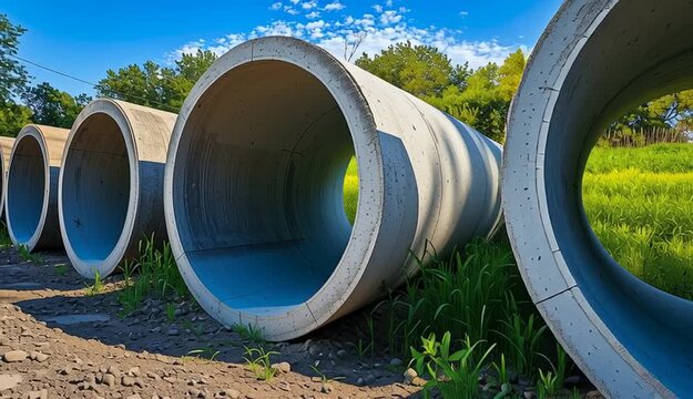Row of large concrete drainage pipes or culverts arranged in perspective, light blue-gray exterior coating
