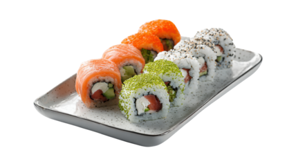 Set of sushi rolls, Hosomaki on a rectangular stylized plate close-up isolated on a white background