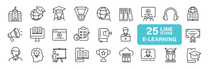 Set of E-learning Icons in Outline Style Online Education Courses Training Webinar School University Study Knowledge Learn Tutorial Class Program