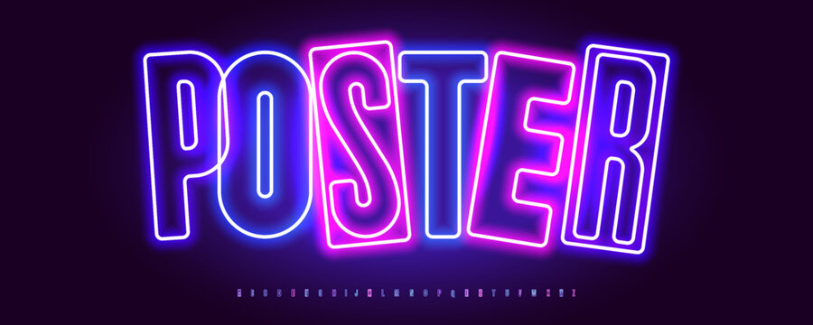 Neon Font Logo Glowing Light Alphabet Vector Letter Set Modern Typography, Nightlife Typographic Design for Title Text, Typo Poster Headline, Type Symbol Logotype, Sans Serif Fonts. Vector Typeface