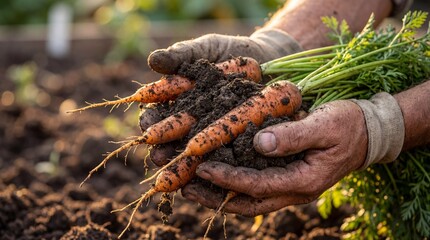 Close-up of dirty hands holding a bunch of freshly harvested organic carrots with soil in a sunny garden, representing sustainable farming and healthy food.