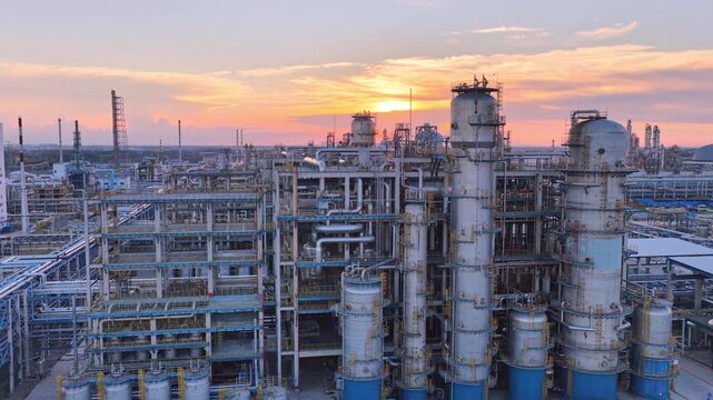 Large Industrial Refinery Aerial View at Sunset