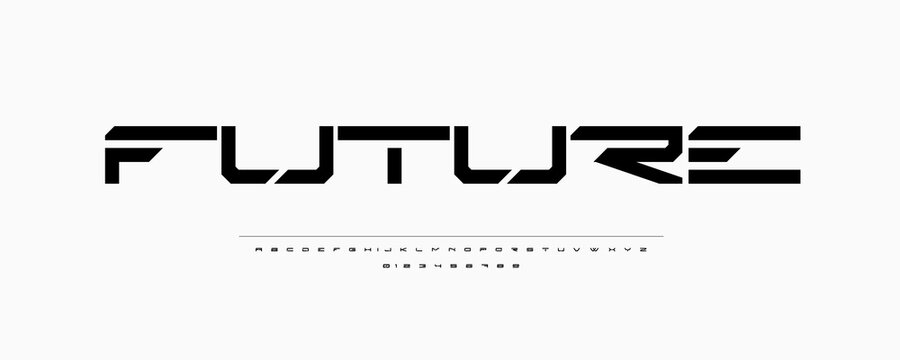 Future Font Logo Stencil Alphabet Vector Wide Geometric Letters Set Modern Typography, Minimalist Typographic Design Title Text, Poster Headline, Type Symbol Logotype, Futurist Fonts. Vector Typeface