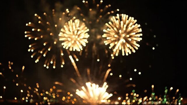 A dazzling display of golden fireworks exploding in the night sky, perfect for New Year, Christmas, and other grand holiday celebrations