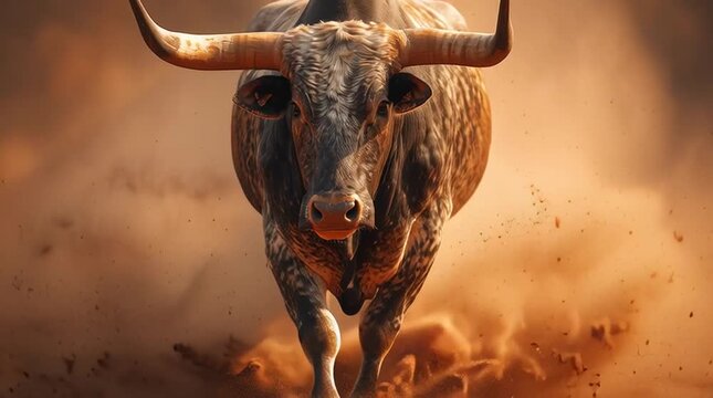 Powerful longhorn bull charges forward kicking up dirt, dust. Beast runs with strong energy on dry ground, showing raw force, power. Animal big, curved horns. Fierce creature looks directly at viewer
