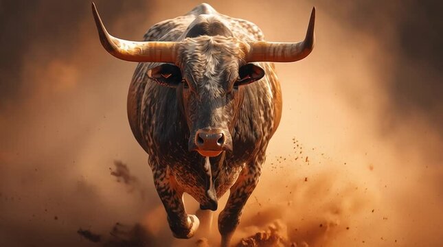 Powerful longhorn bull charges forward kicking up dirt, dust. Beast runs with strong energy on dry ground, showing raw force, power. Animal big, curved horns. Fierce creature looks directly at viewer