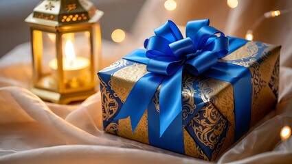 Wrapped gift box with blue ribbon and gold patterns on fabric next to lit lantern and string lights