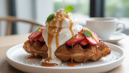Golden waffle topped with whipped cream, caramel and fresh strawberry slices in cozy cafe, suggesting slow weekend brunch, dessert indulgence and sweet celebration