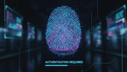 Glowing digital fingerprint scan in neon color symbolizes secure identity in modern network system! Futuristic concept for two factor login, cyber defense or biometric access control