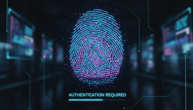 Glowing digital fingerprint scan in neon color symbolizes secure identity in modern network system! Futuristic concept for two factor login, cyber defense or biometric access control - Powered by Adobe