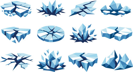Geometric Ice Icons. Low-poly vector icon set for cracking ice and breaking frozen surfaces, featuring angular polygonal geometry,