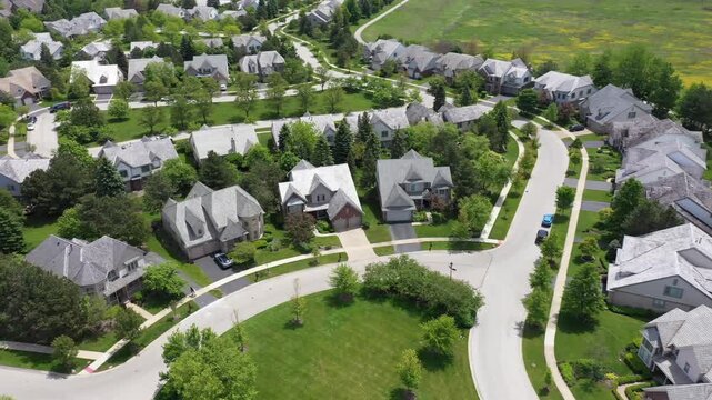 Aerial view of a tree-lined, suburban neighborhood with cul-de-sac in summer.