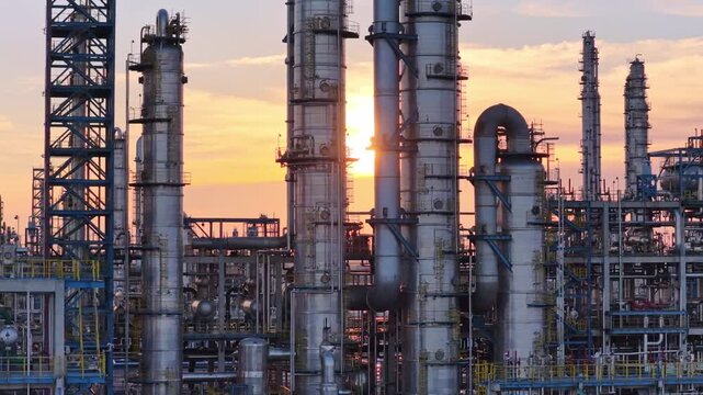 Large Oil Refinery Complex at Sunset - Aerial Industrial View