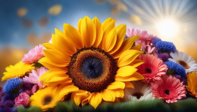 Tournesol Dans Un Bouquet De Fleurs Colore