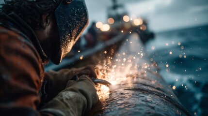 Fototapeta premium Welding a pipe on a ship during evening hours in rough sea conditions
