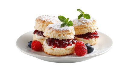 Fototapeta premium Tasty biscuit cakes with jam and berries on a plate isolated on a white background