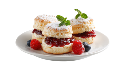 Tasty biscuit cakes with jam and berries on a plate isolated on a white background