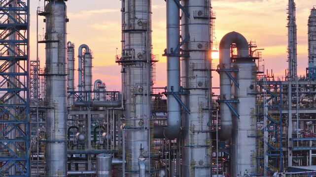 Large Oil Refinery Industrial Complex at Sunset - Aerial View