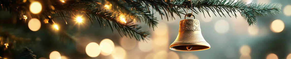 Golden christmas bell hanging on fir tree with warm lights and bokeh, festive holiday background with copy space.