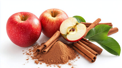 Fresh red apples with cinnamon sticks and ground cinnamon on white background, natural ingredients concept with copy space.