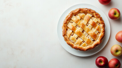 Top view of homemade apple pie with lattice crust on a white plate, minimal food background with copy space.