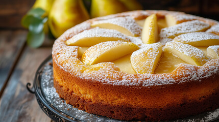 Homemade pear cake dusted with powdered sugar, rustic dessert served on a dark plate in cozy kitchen setting.