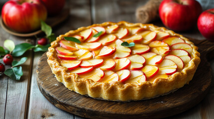 Fresh apple tart with glossy glaze and sliced apples, beautifully arranged on a rustic wooden surface.