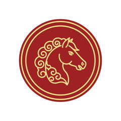 Chinese Zodiac Horse Symbol Emblem Red and Gold Circle. Lunar New Year Vector Illustration. EPS Editable