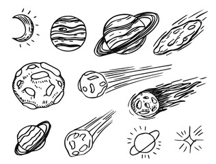 Obraz premium Planets, asteroids, and the moon sketch set