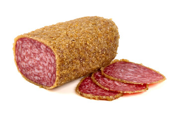 Salami with Slices and Crust, isolated on white background