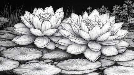 Stunning black and white illustration of two lotus flowers with intricate details, surrounded by lily pads in tranquil water.