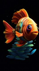 A vibrant, stylized orange fish with colorful scales swims against a dark background, radiating a playful and dynamic energy.