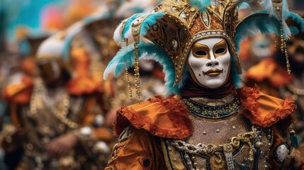 A masked male performer in ornate attire showcasing vibrant colors and intricate details during a festival.