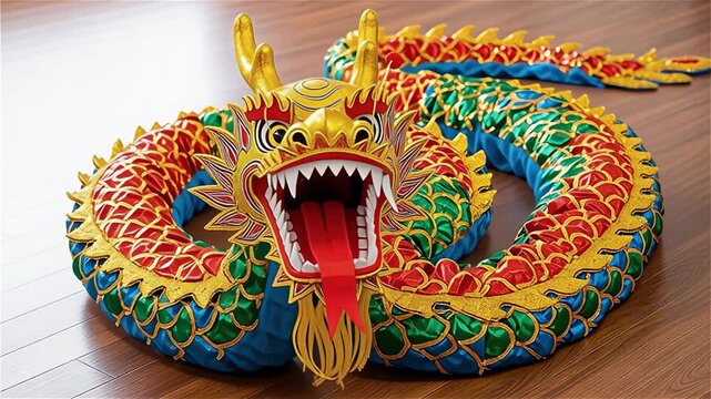 Colorful traditional Chinese dragon costume for Lunar New Year celebration on wooden floor